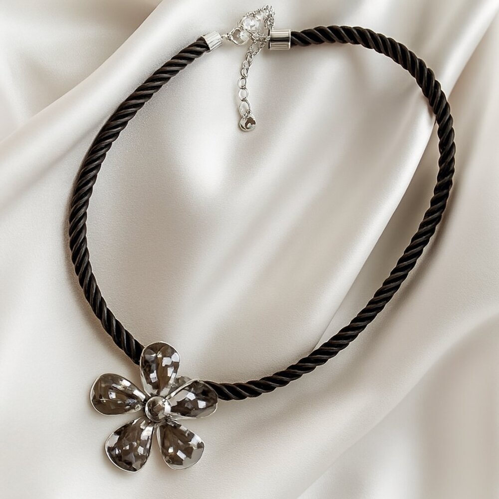 Women’s Silver Flower Pendant Necklace Hammered Design Black Cord, Chic Jewelry